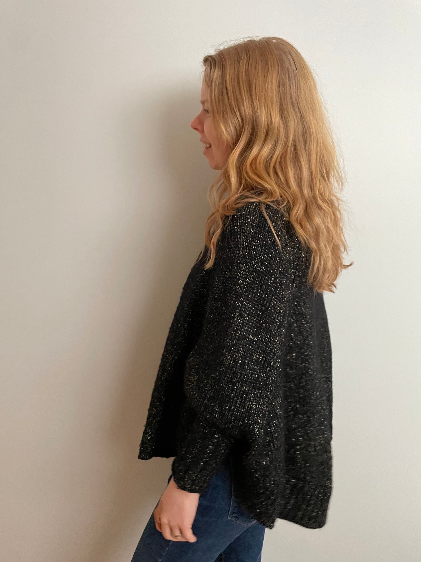 Designer Black Metallic Poncho-Style Sweater with Sleeves – XXS (Fits S–M)