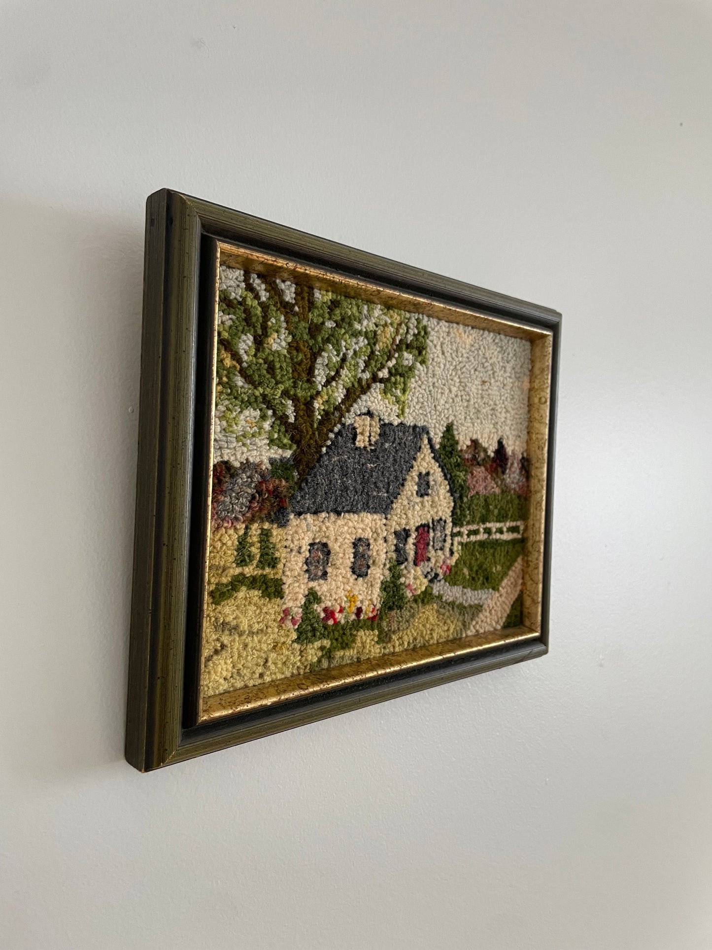 Vintage Handmade Framed Textile Art – Cottage Landscape (1979)