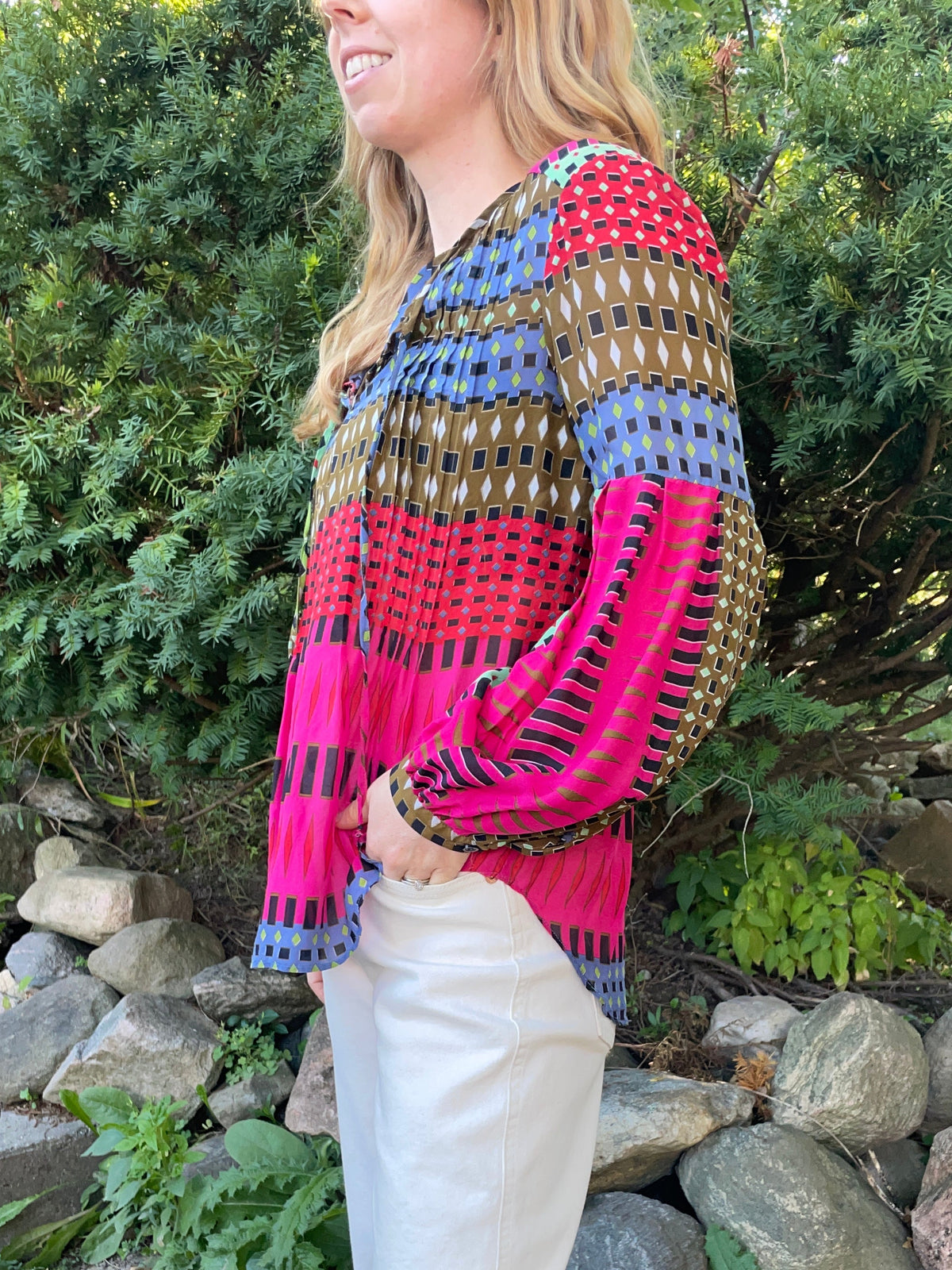 Hale Bob Pink Multicolour Geometric Silk Blouse – XS/S