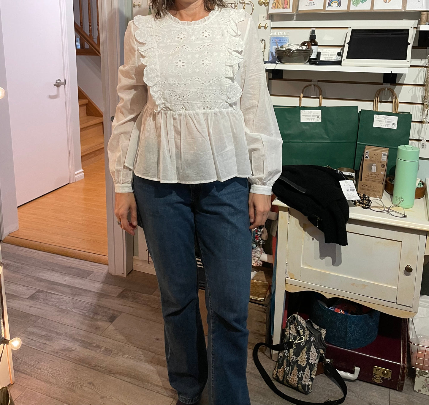 Blue Rain Cotton White Eyelet Ruffle Peplum Blouse – Large