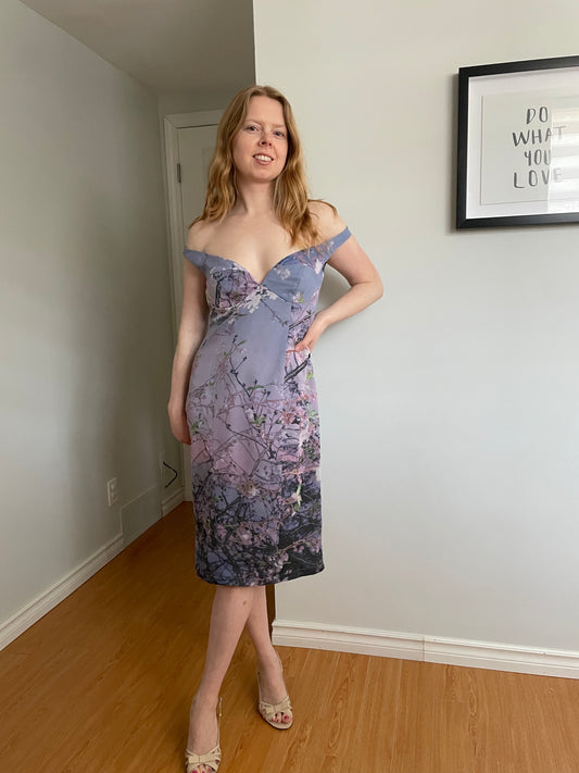 Pam Chorley’s Fashion Crimes Lilac Cherry Blossom 100% Silk Off-Shoulder Dress - Medium