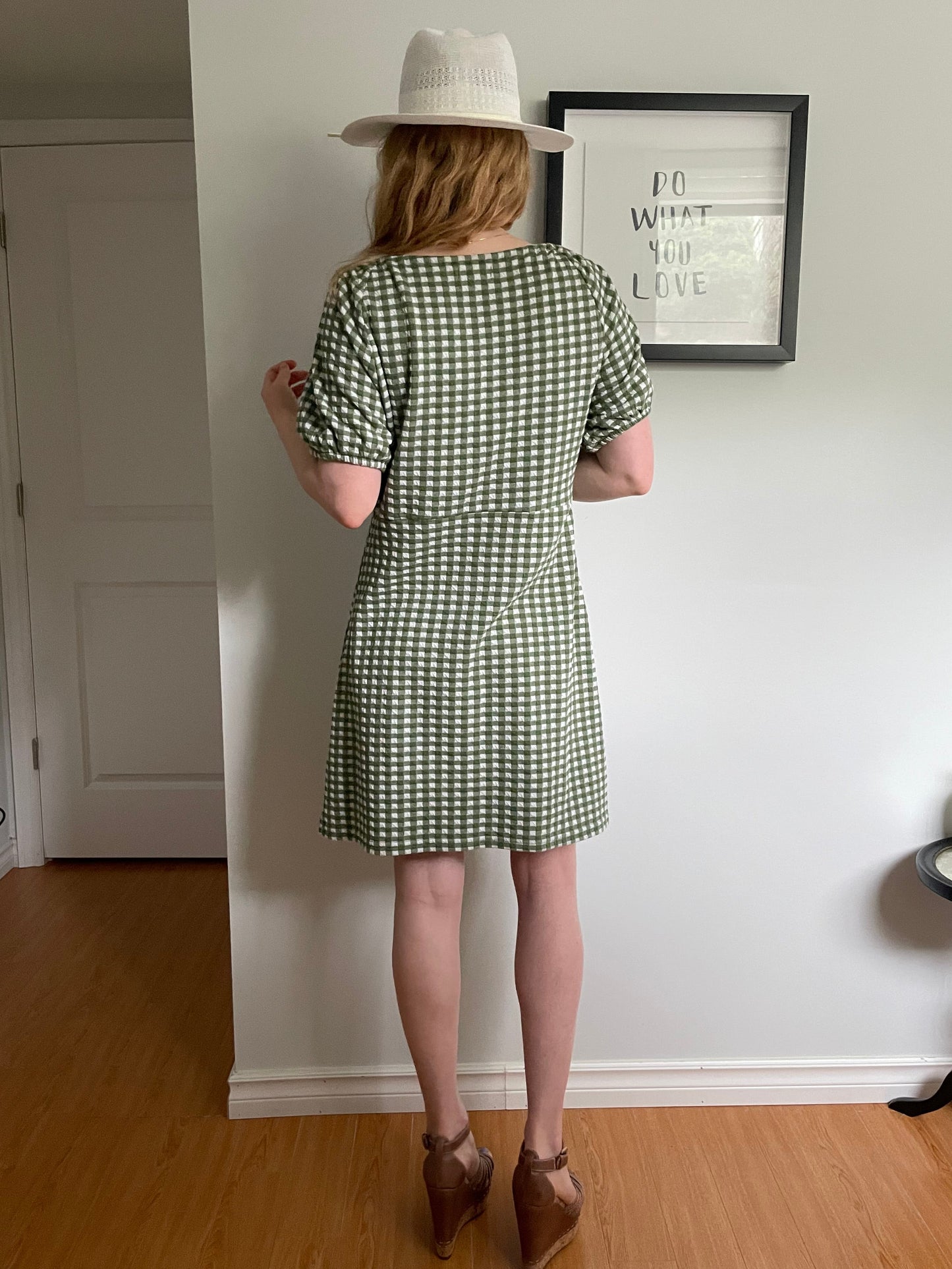 Madewell Green & White Gingham Puff Sleeve Mini Dress - Large