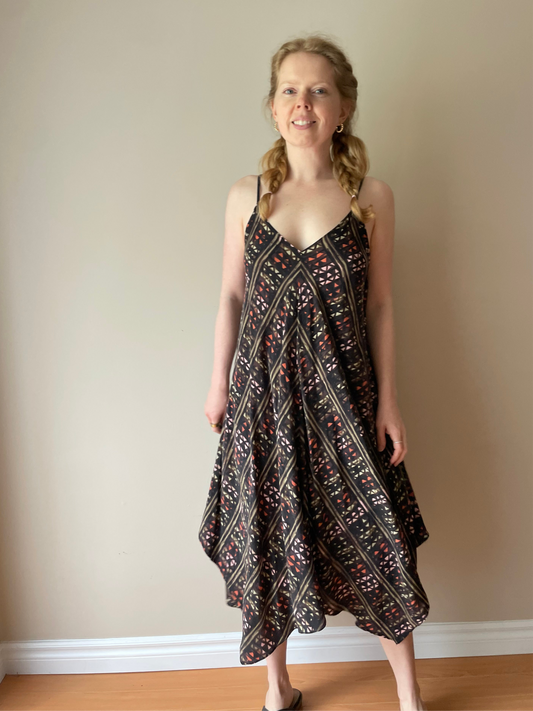 Anthropologie Black Multi Abstract 100% Silk Handkerchief Hem Dress – Size Medium