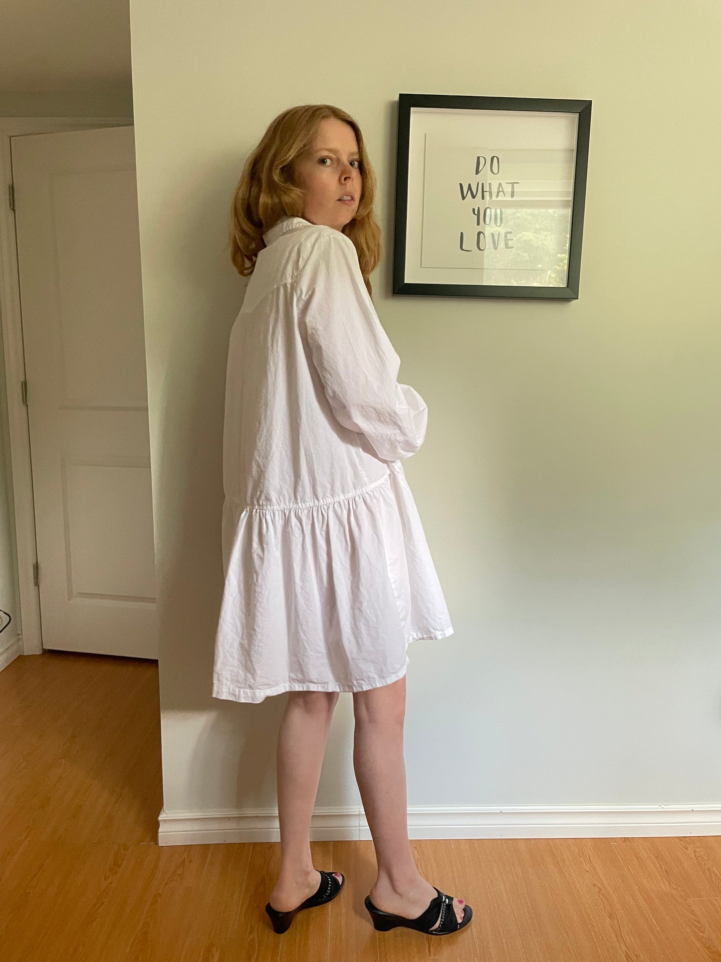White Cotton Button-Front Tiered Shirt Dress – Medium