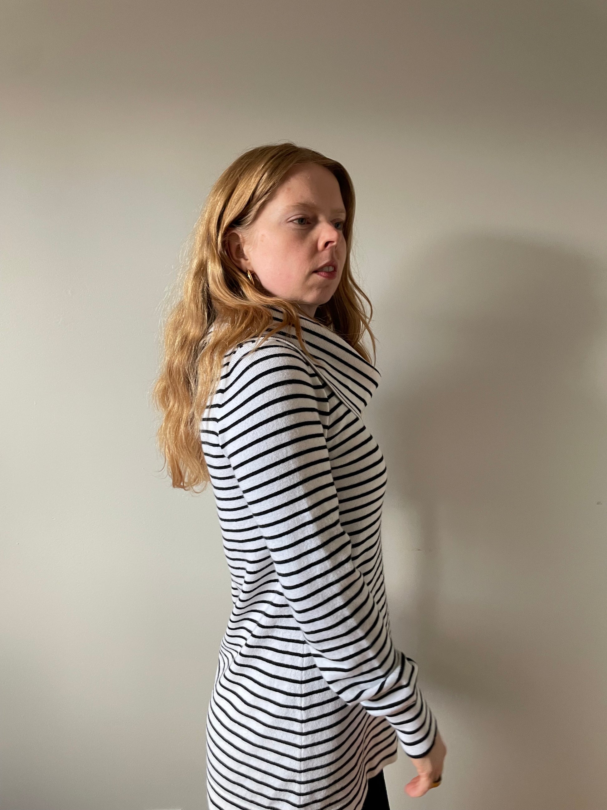 French Connection Black White Stripe Knit Cowl Neck Sweater