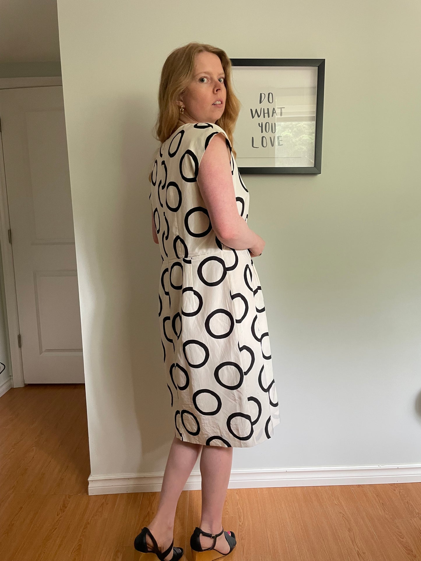 Banana Republic Ivory & Black Silk Blend Circle Print Dress – Size 14