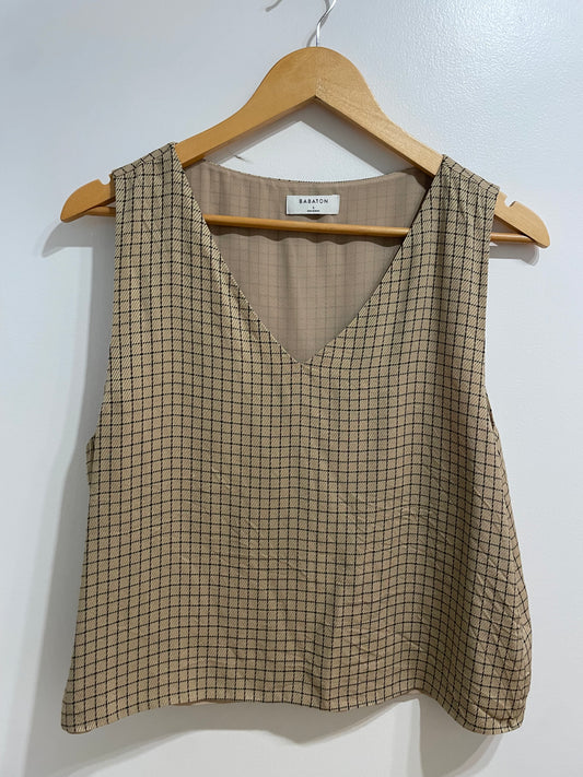 Babaton Taupe Black Grid Sleeveless V-Neck Top - Large