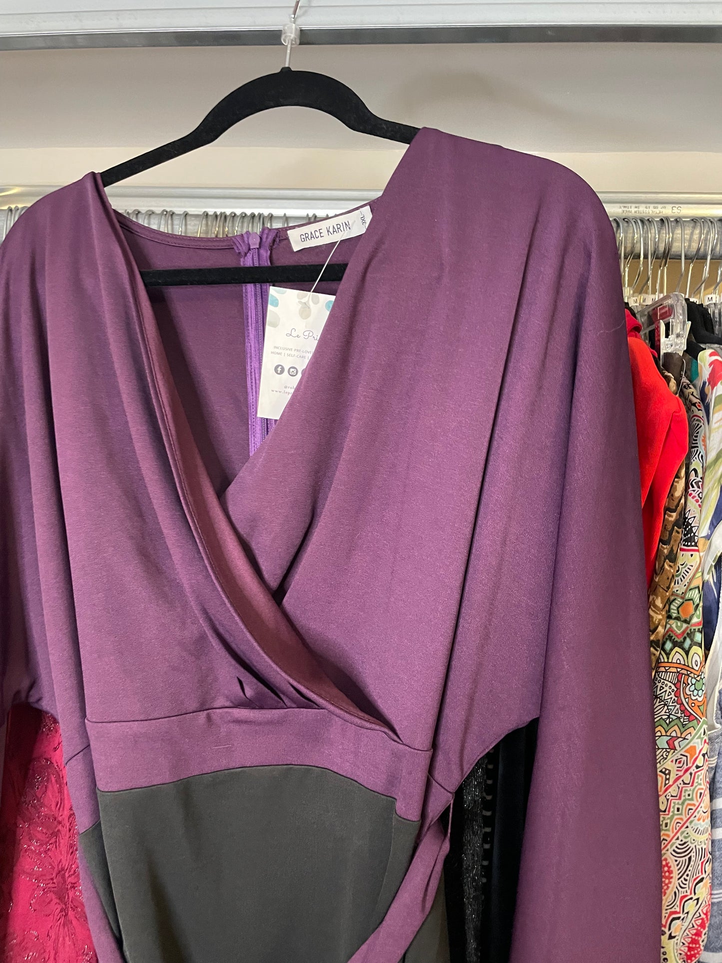 Grace Karin Long Sleeved Purple and Black Dress - 3XL