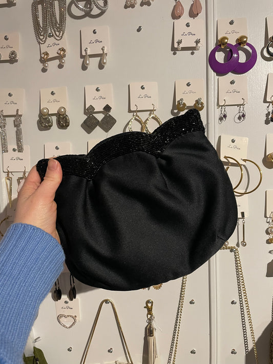 Black Satin Scalloped Beaded Evening Bag