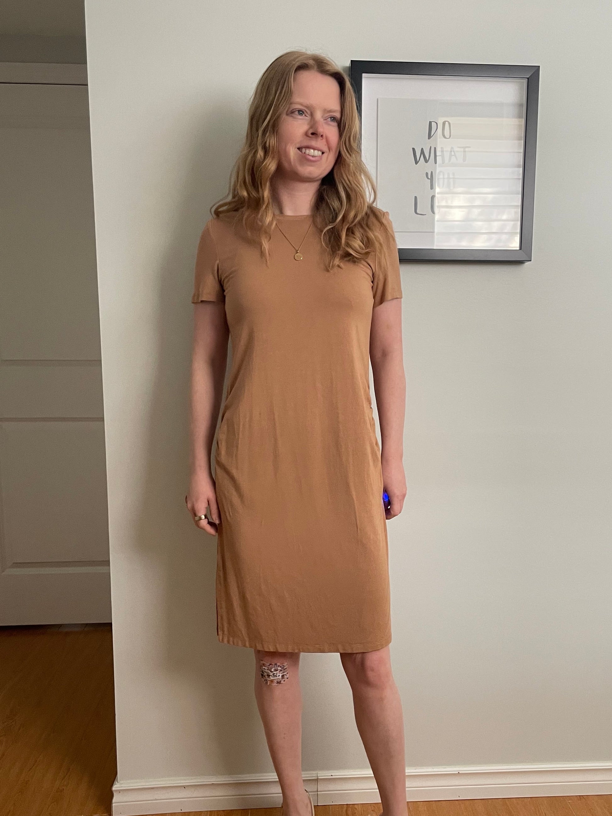 Harmony Belly Camel Short Sleeve Maternity Jersey Dress  Small