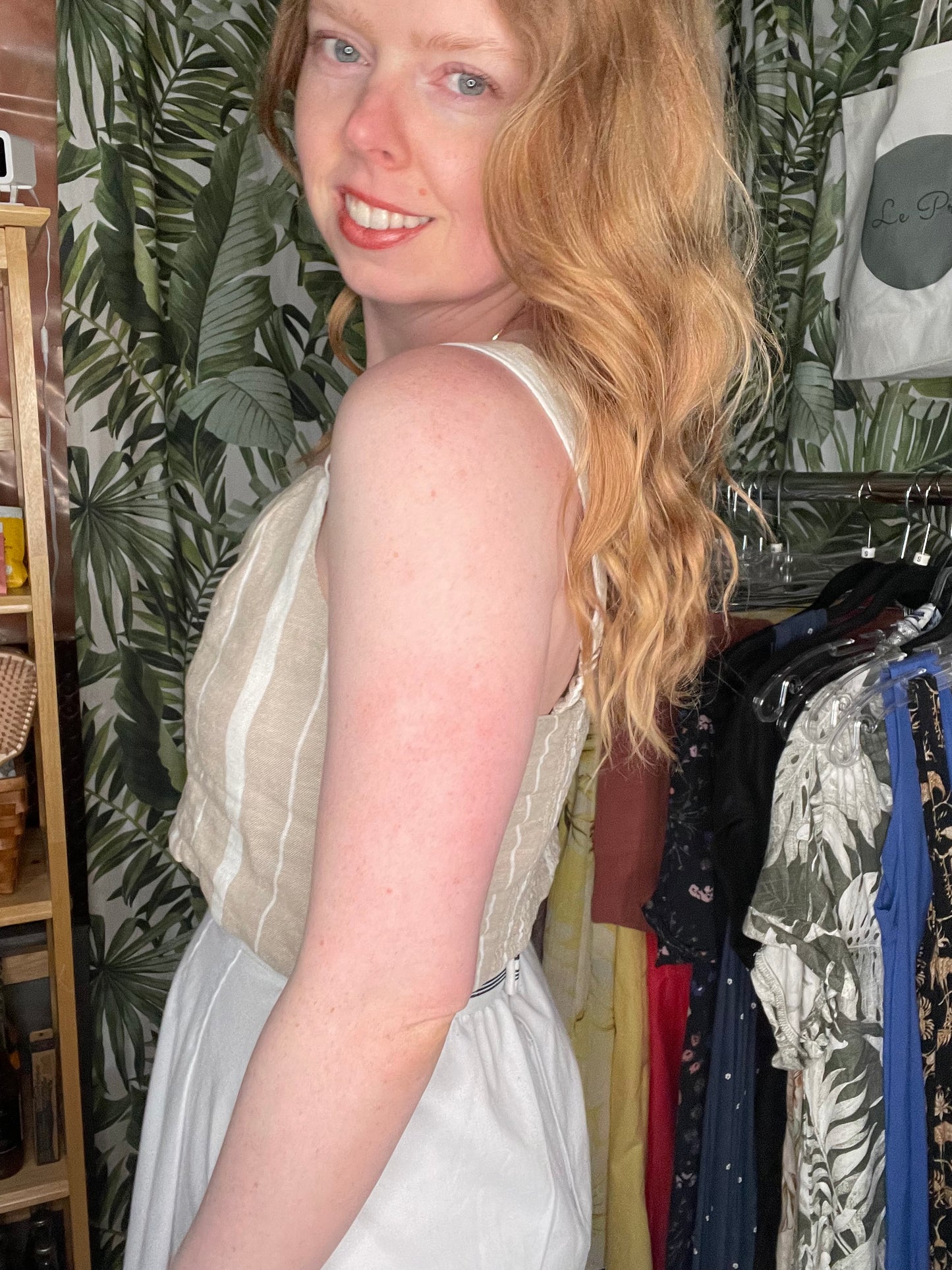 Beige & White Striped Linen Blend Smocked Back Cropped Tank – Medium