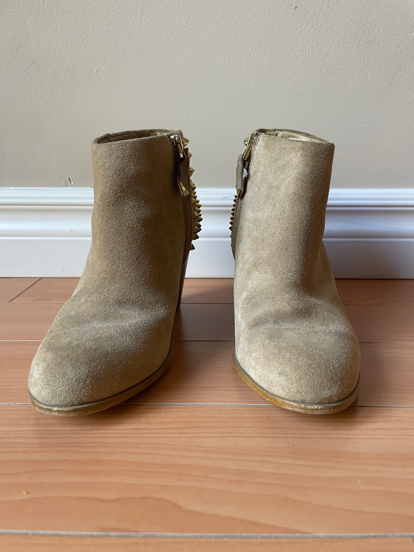 Zara Woman Beige Genuine Suede Gold Studded Heel Boots - Size 37