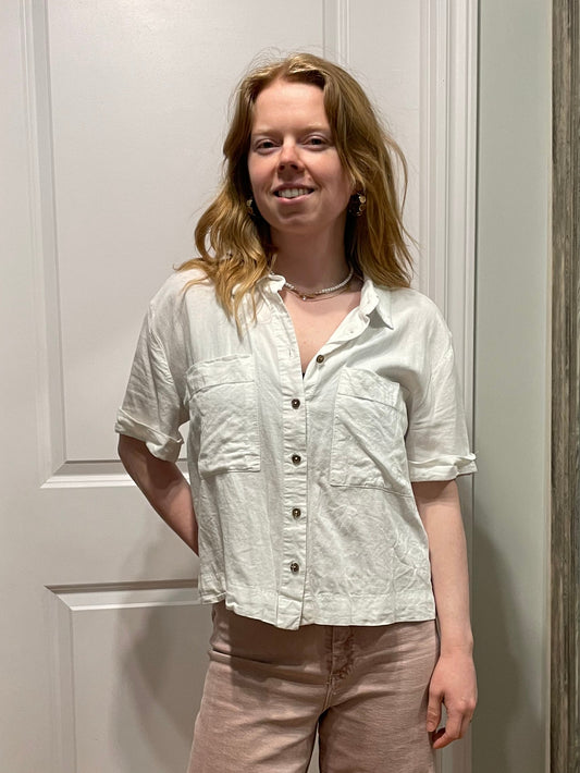 Alexander Jordan Ivory Linen-Blend Short Sleeve Button-Up Shirt – Size Medium