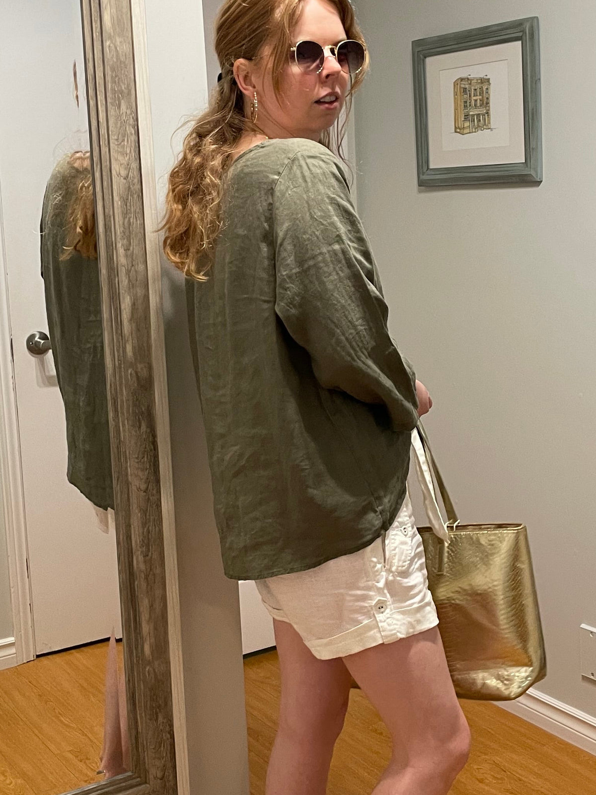 Amazhiyu Olive Green 100% Linen Relaxed 3/4 Sleeve Top - Large