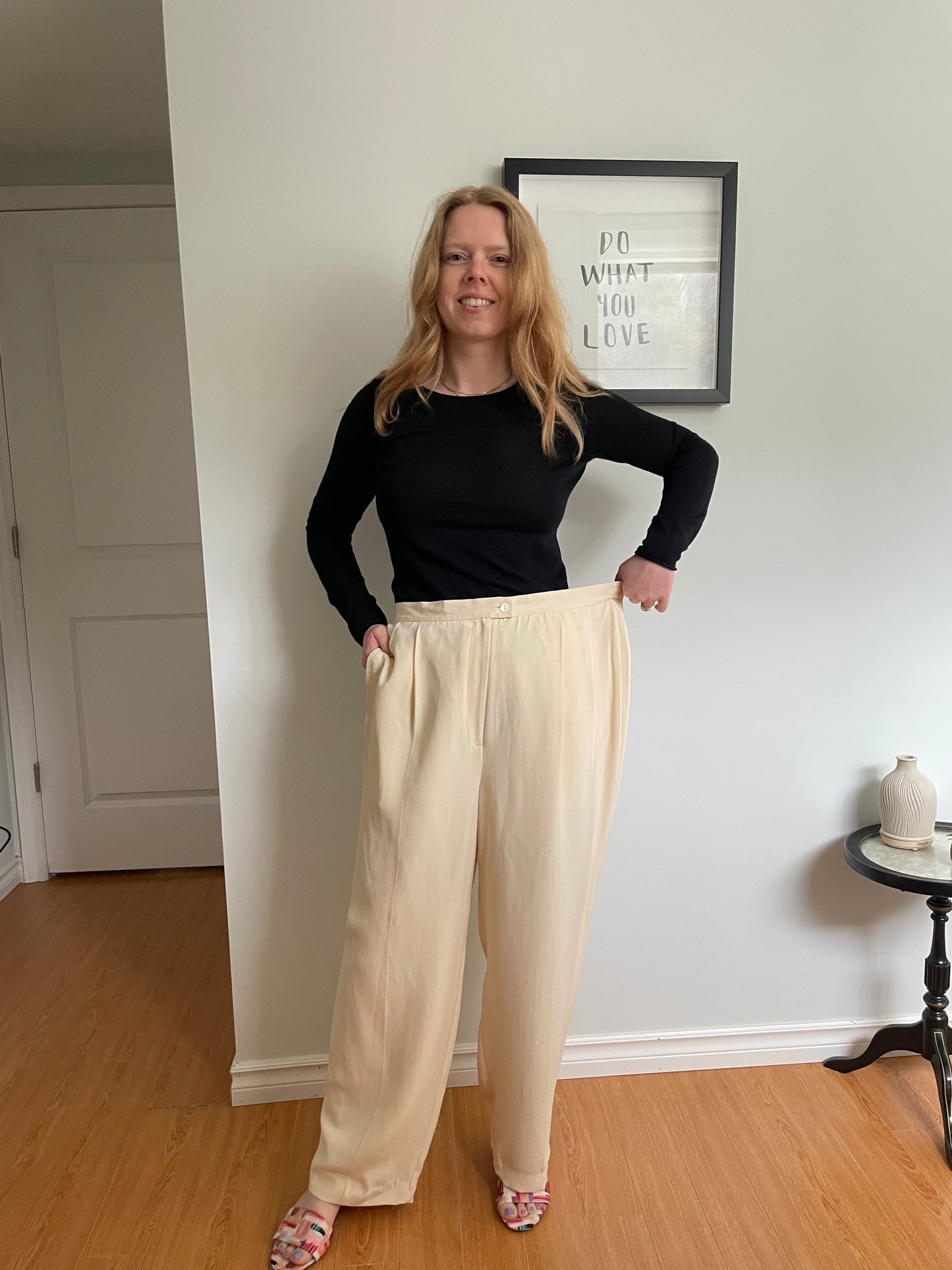 Evan-Picone Cream Vintage Silk Wide-Leg Lined Pants - 14W