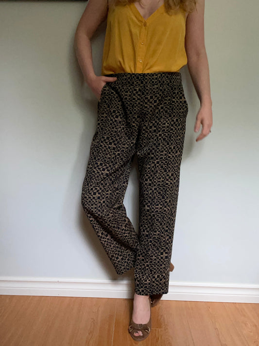 Sandro Black & Beige Geometric Print Straight-Leg Trousers – Size 10