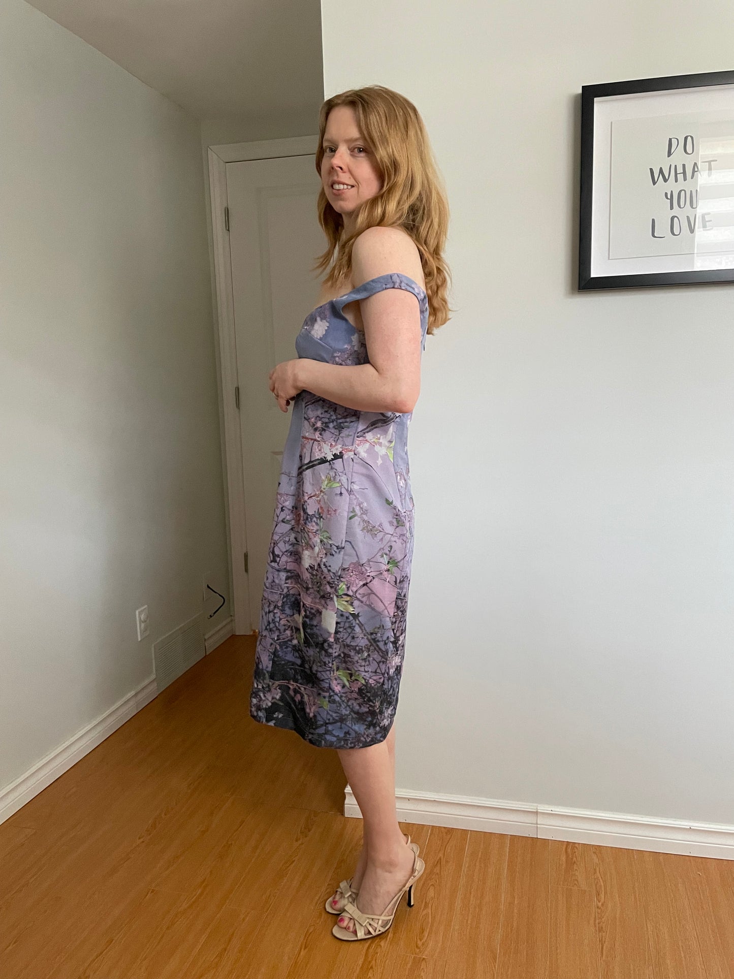 Pam Chorley’s Fashion Crimes Lilac Cherry Blossom 100% Silk Off-Shoulder Dress - Medium