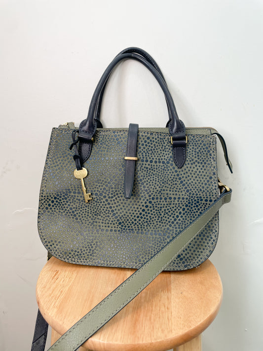 Fossil Olive Navy Dotted Genuine Leather 2-in-1 Satchel Cross Body Bag