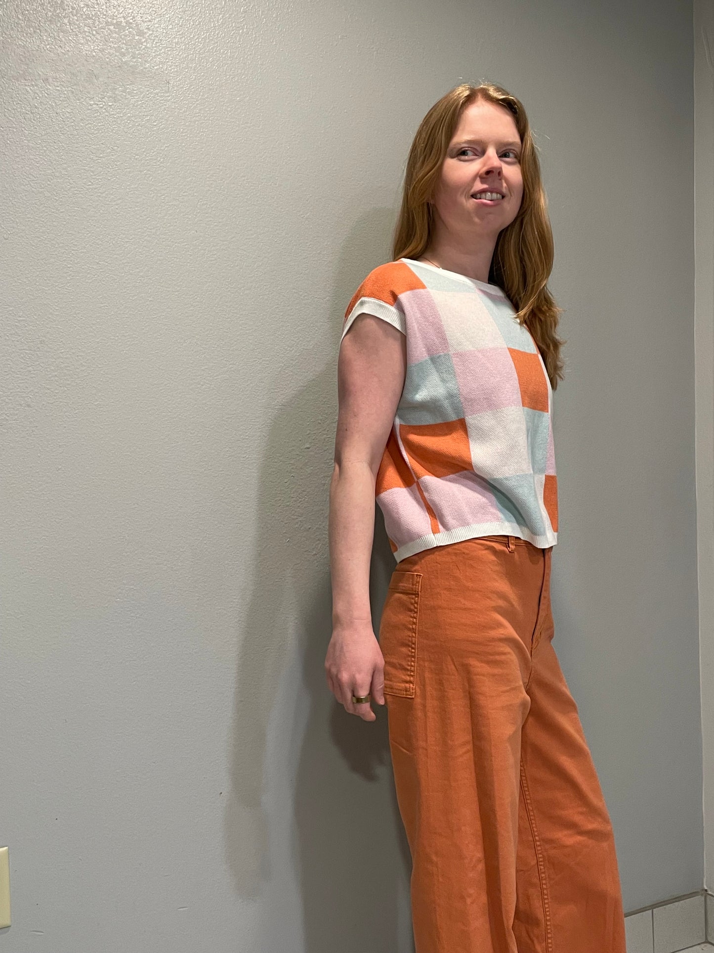 Saodimallsu Pastel Check Knit Short-Sleeve Top NWT – Small/ Medium/Large