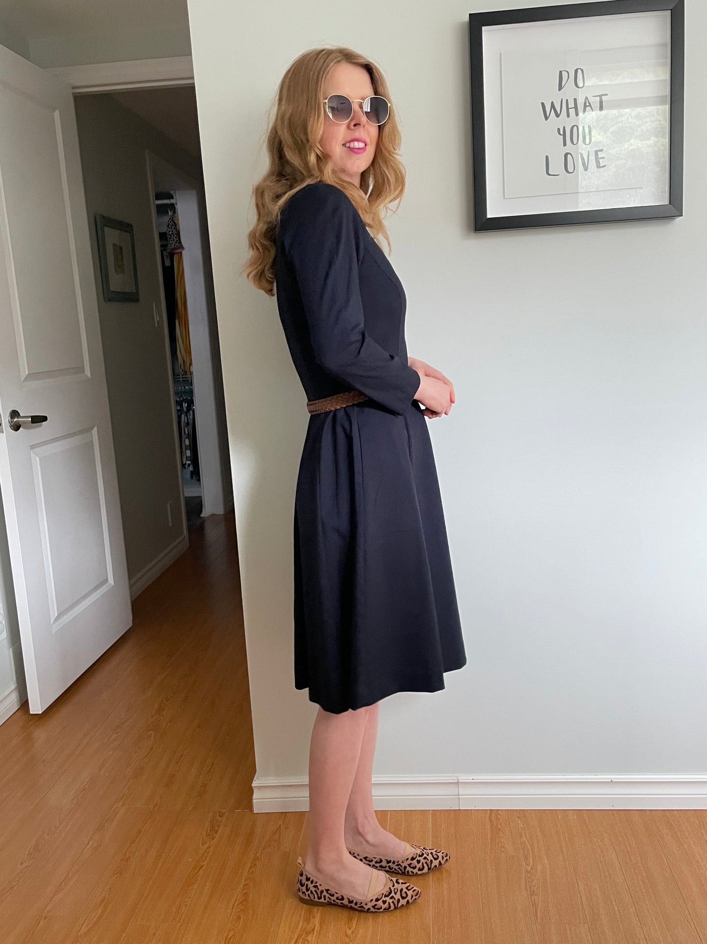slim fit dress slacks Navy Boat Neck 3/4 Sleeve Fit Flare Dress