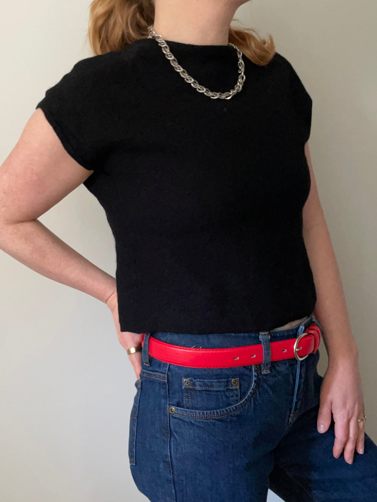 Nicole Miller New York Black Extra Fine Merino Wool Short-Sleeve Sweater - S/M