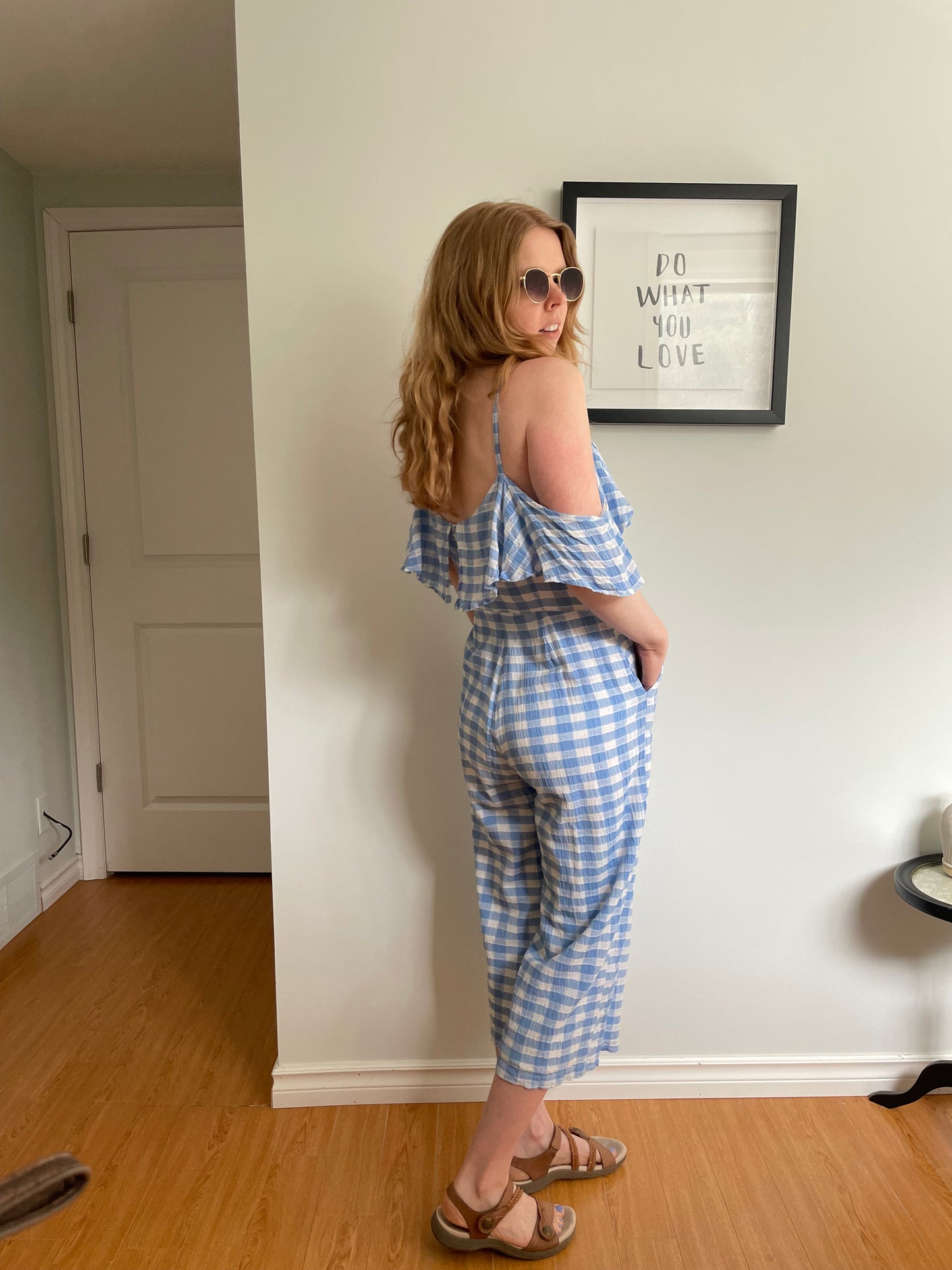 BB Dakota Blue & White Gingham Ruffle Wide Leg Jumpsuit - Size 4