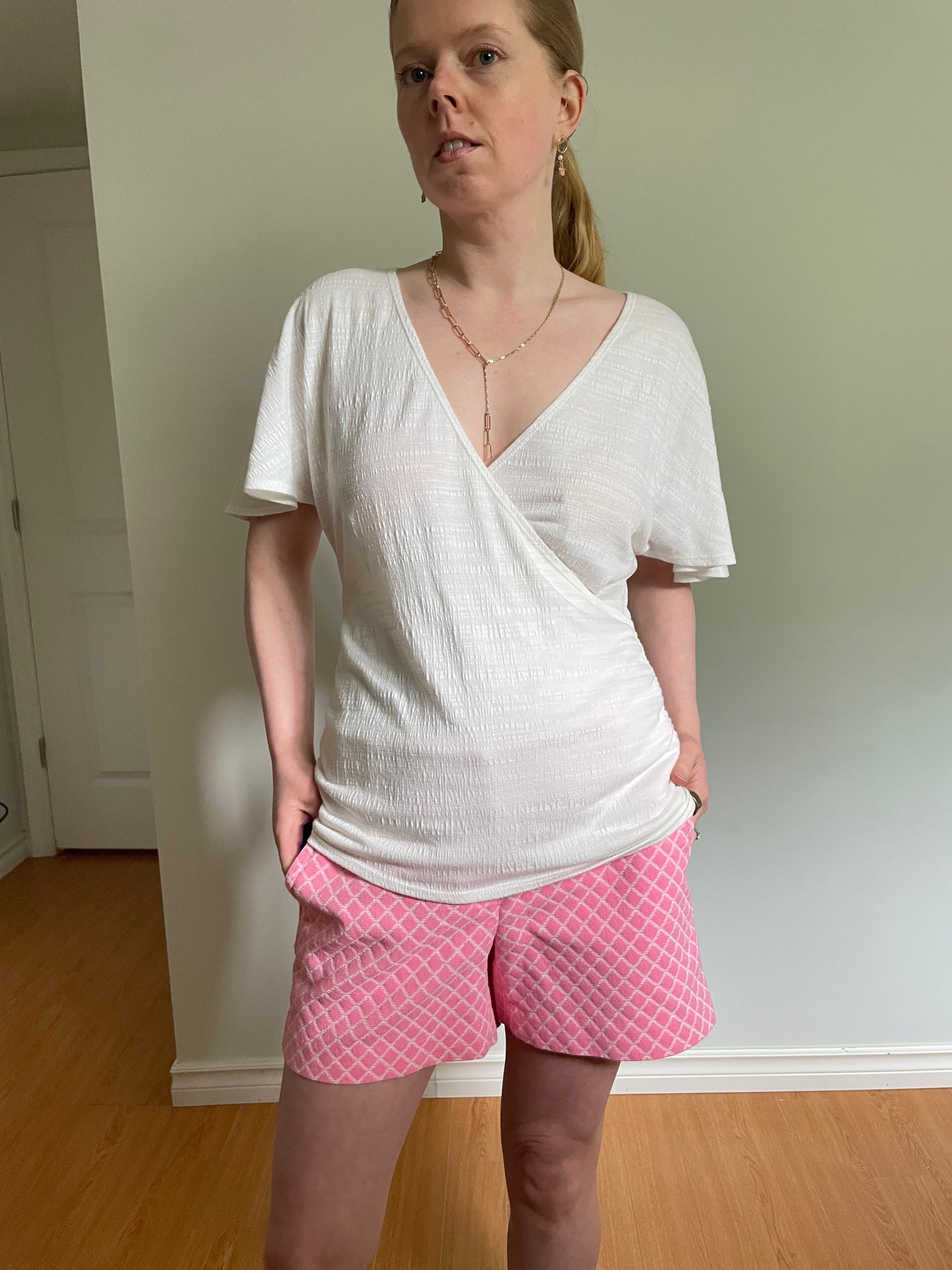 White Textured Wrap-Front Flutter-Sleeve Top – Medium/Large