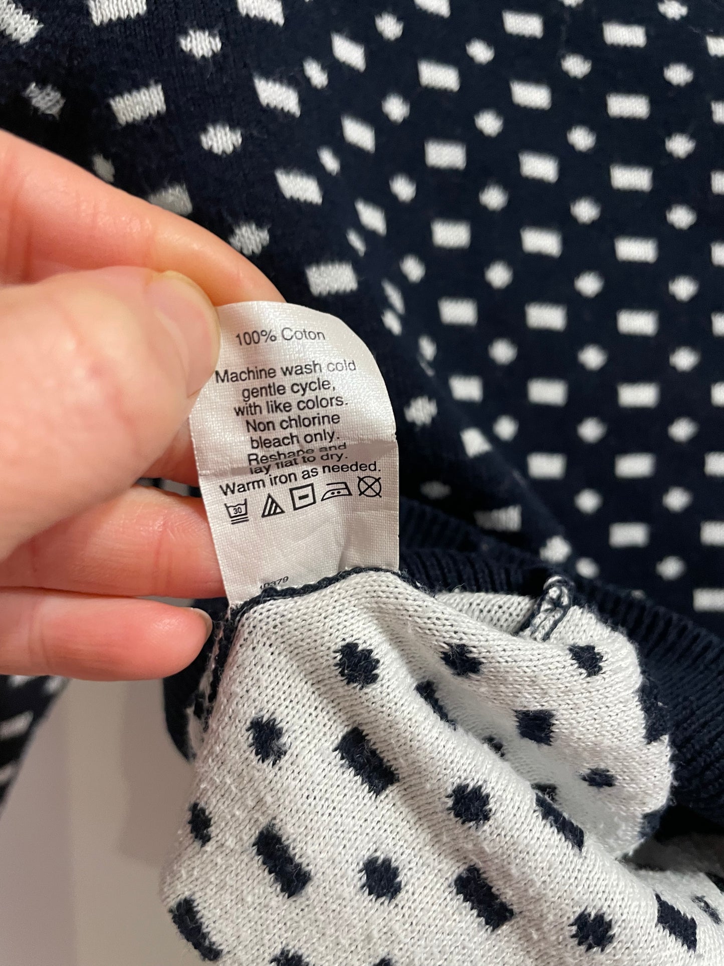 J.Crew Navy White Cotton Patterned Crewneck Sweater - Small