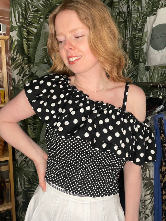 River Island Black & White Polka Dot One-Shoulder Cotton Ruffle Top – S/M