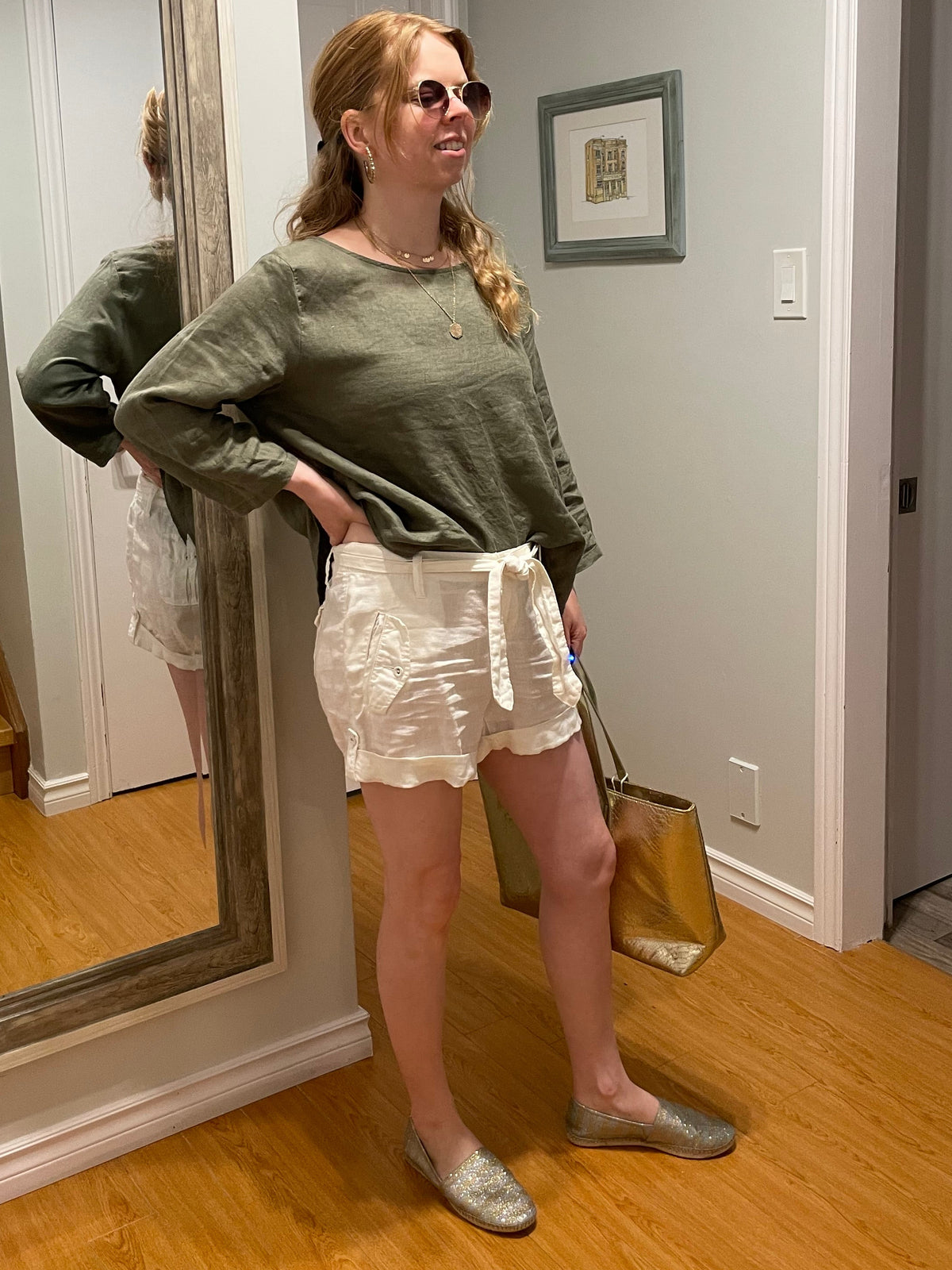 Amazhiyu Olive Green 100% Linen Relaxed 3/4 Sleeve Top - Large