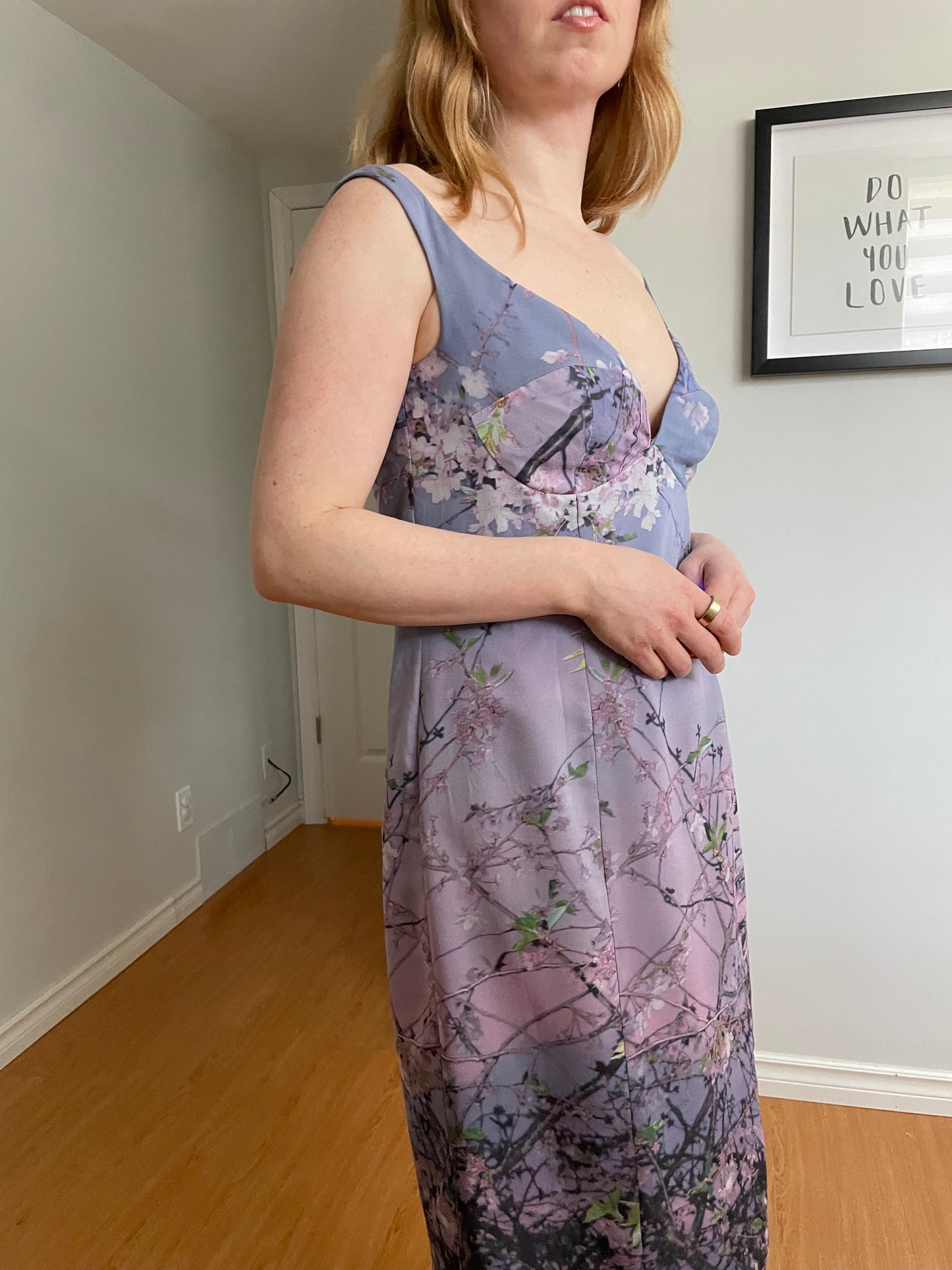 Pam Chorley’s Fashion Crimes Lilac Cherry Blossom 100% Silk Off-Shoulder Dress - Medium