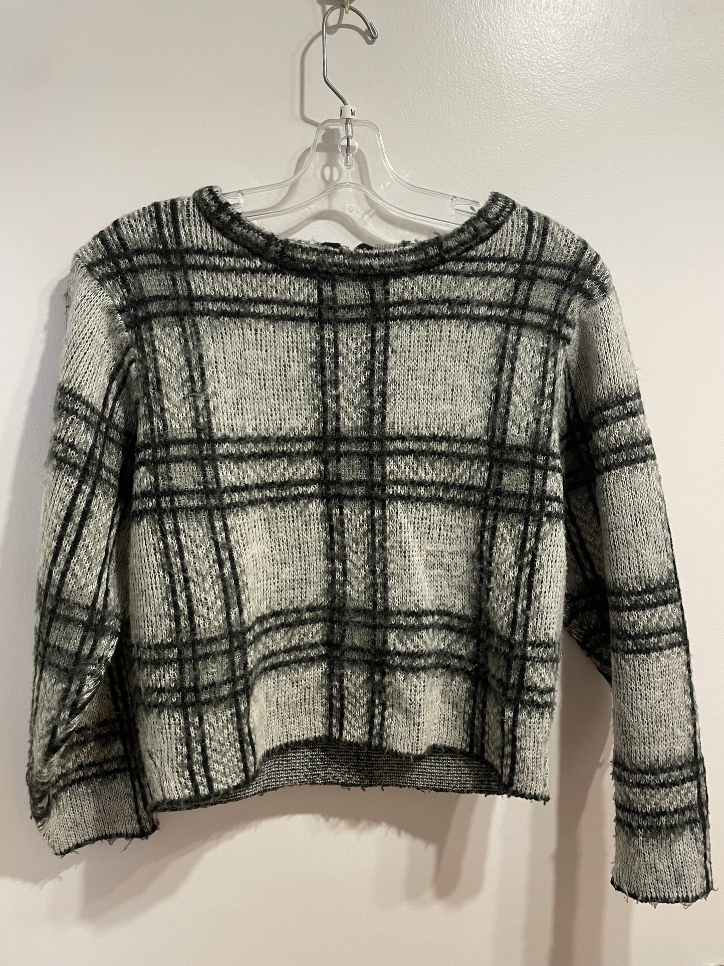 Plaid Grey & Black Acrylic Textured Knit Sweater with Back Zipper – Medium