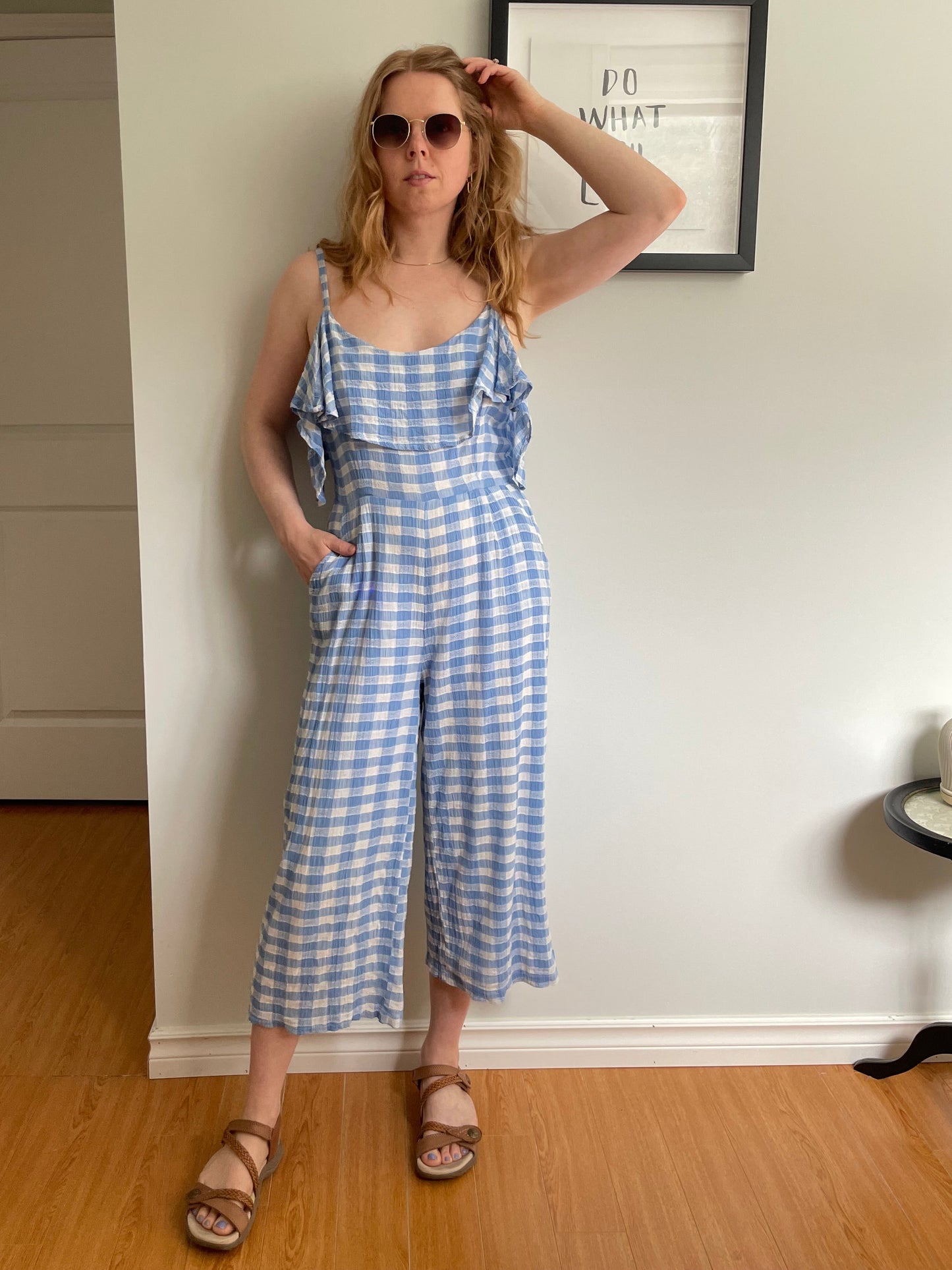 BB Dakota Blue & White Gingham Ruffle Wide Leg Jumpsuit - Size 4