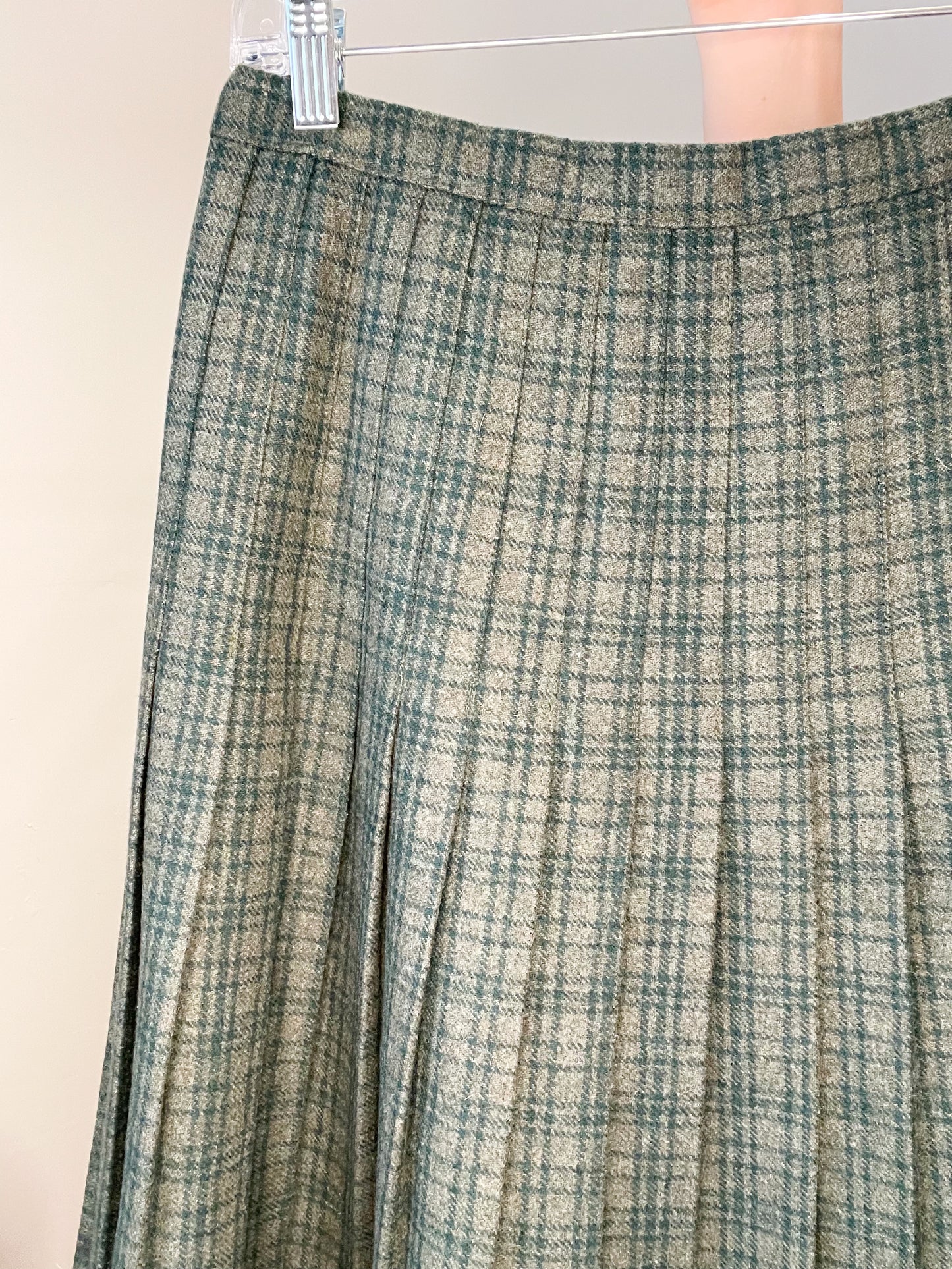 Vintage Dark Green Plaid Pleated Wool Midi A-Line Skirt - Small