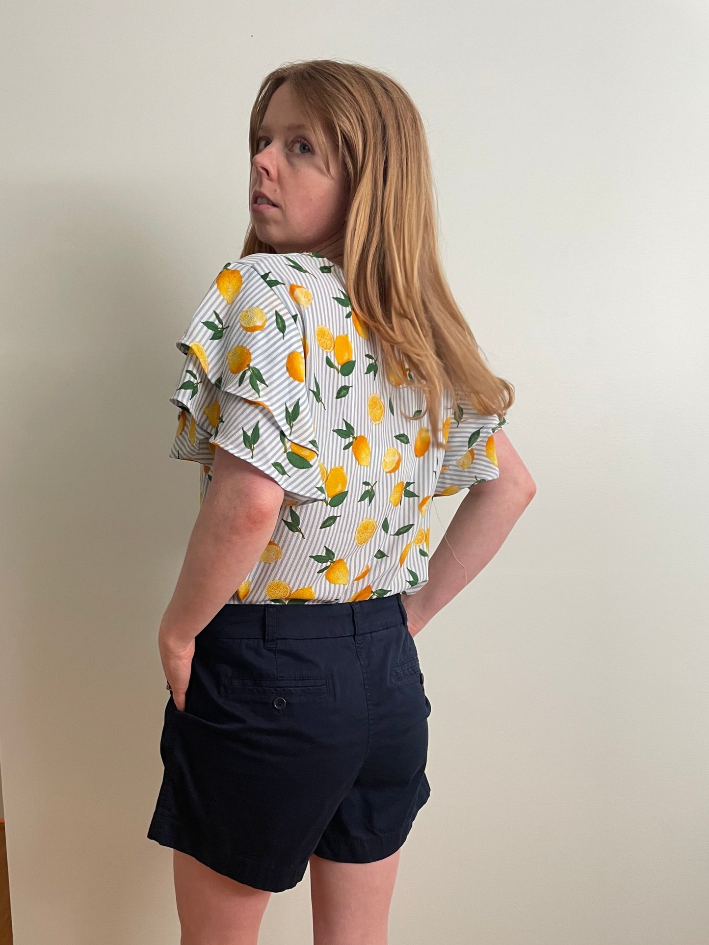 Faith and Joy Blue Stripe Lemon Print Flutter Sleeve Blouse – Medium