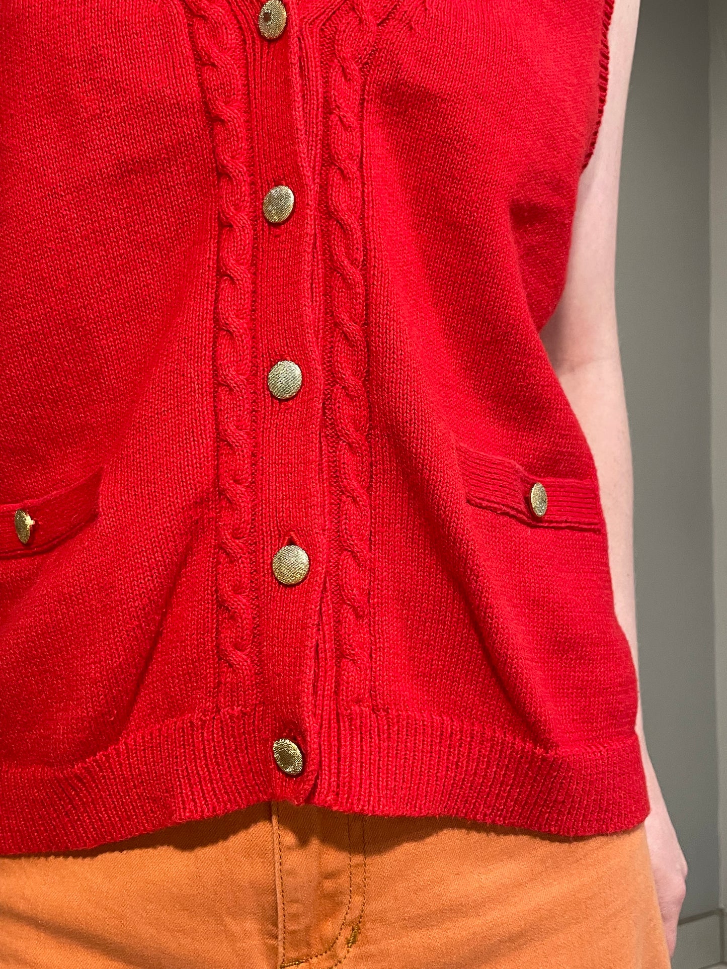 Vintage Sag Harbor Red Button-Front Ramie Cotton Knit Vest – Large