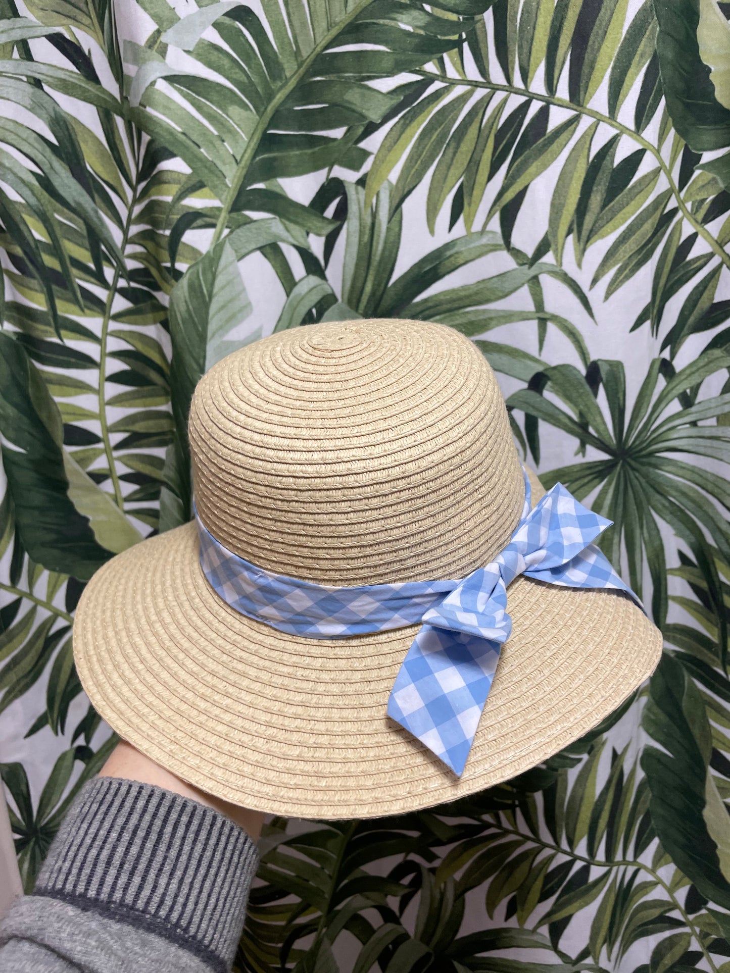 Natural Straw-Style Wide-Brim Hat with Blue Gingham Scarf – Small