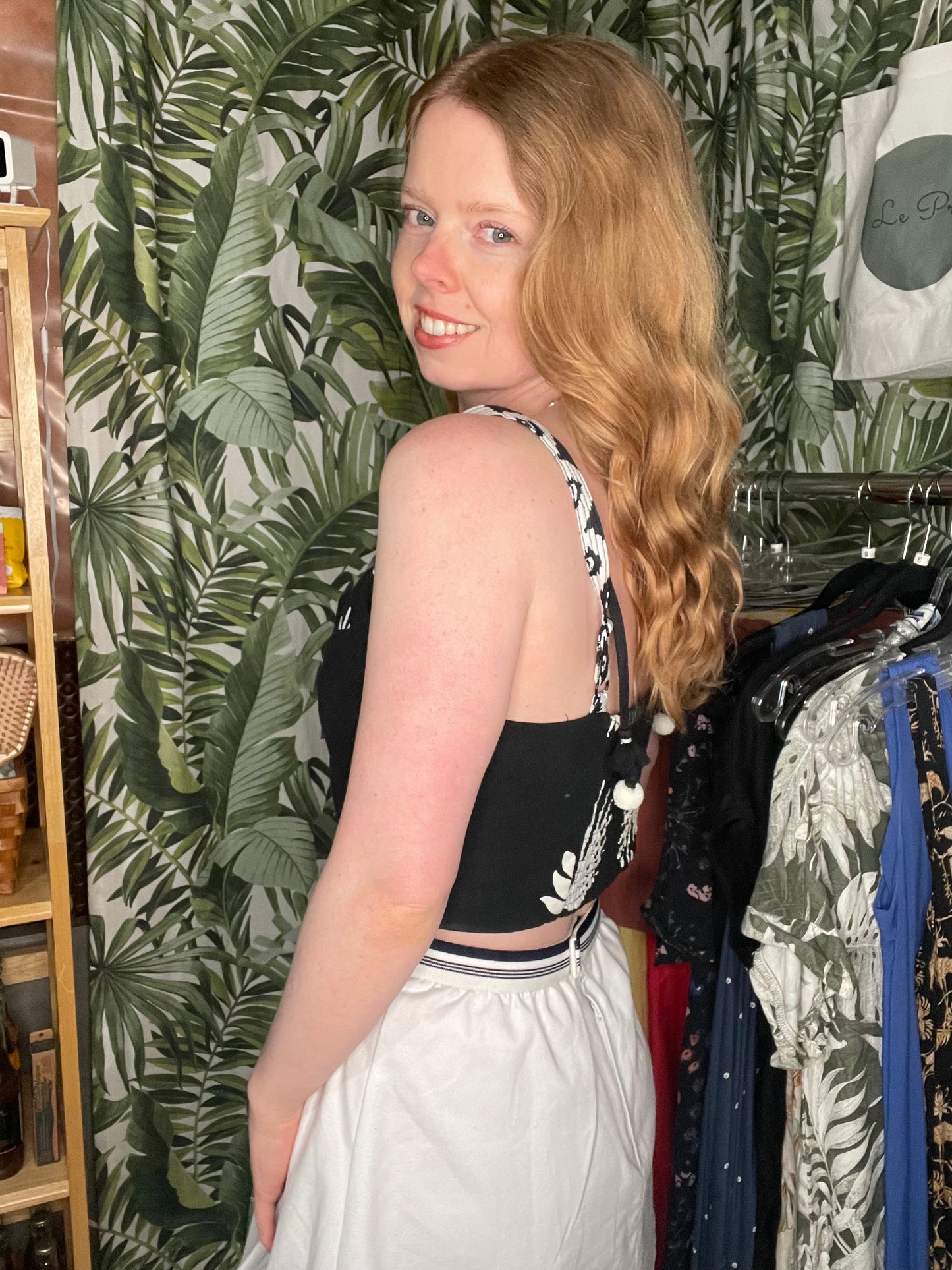Rachel Zoe Black & White Linen Blend Cropped Bustier Top – Medium
