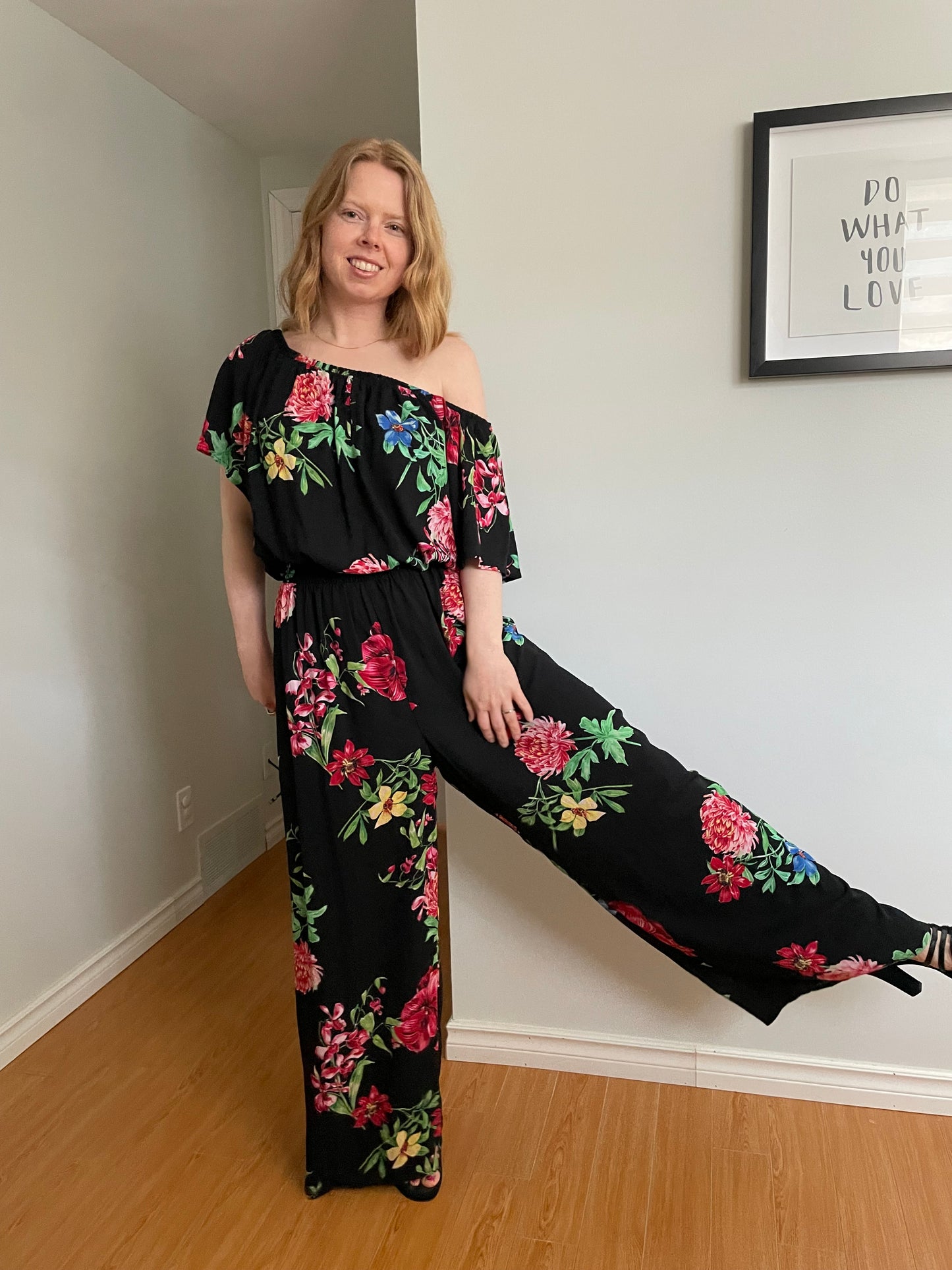 Joseph Ribkoff Black Floral Off-Shoulder Wide Leg Jumpsuit - Size 14