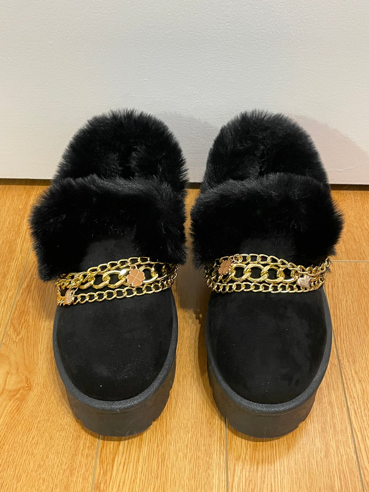 CARLA RIDA Black Faux Fur Chain Ankle Boots – Size 7.5
