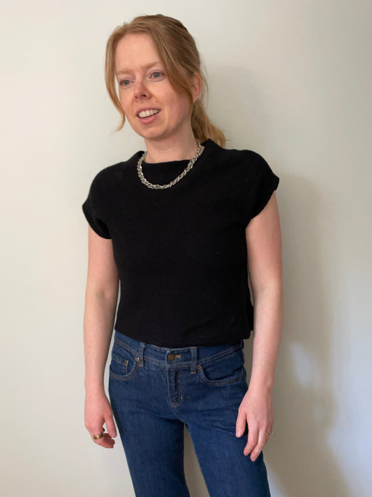Nicole Miller New York Black Extra Fine Merino Wool Short-Sleeve Sweater - S/M