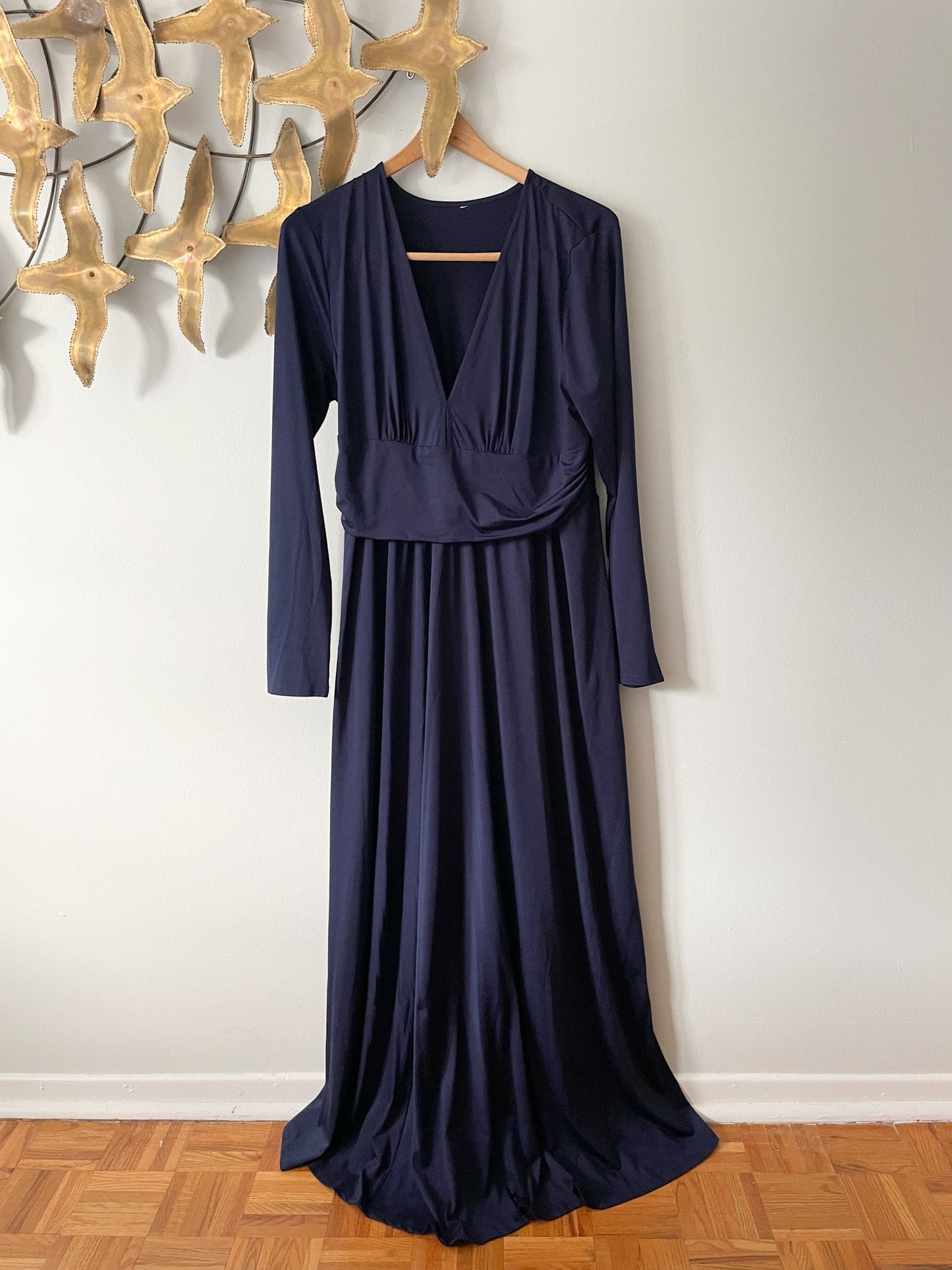 Navy Stretchy Empire Waist Long Sleeved Slit Maxi Gown - XL