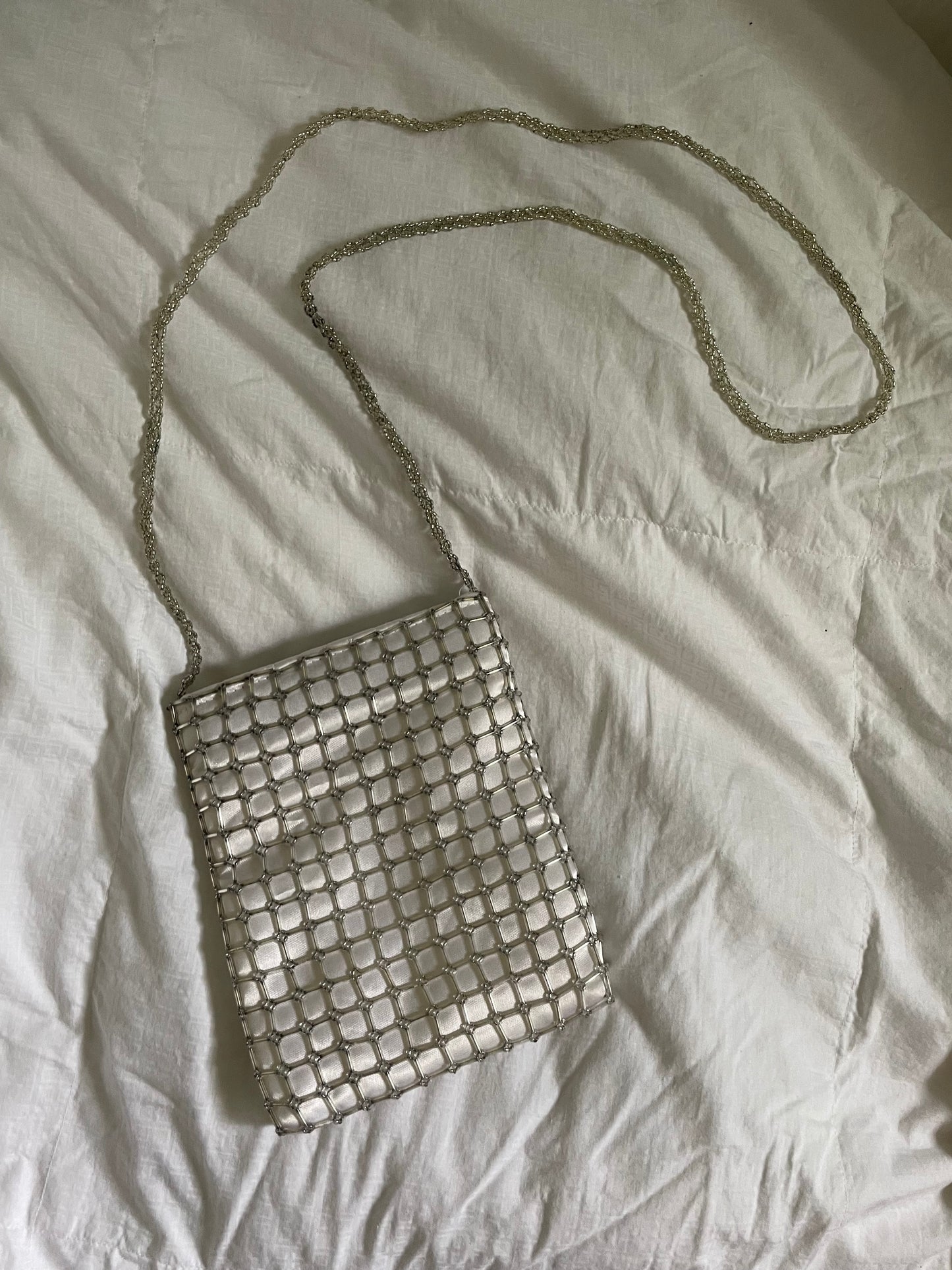 Silver Satin Beaded Mesh Shoulder Bag