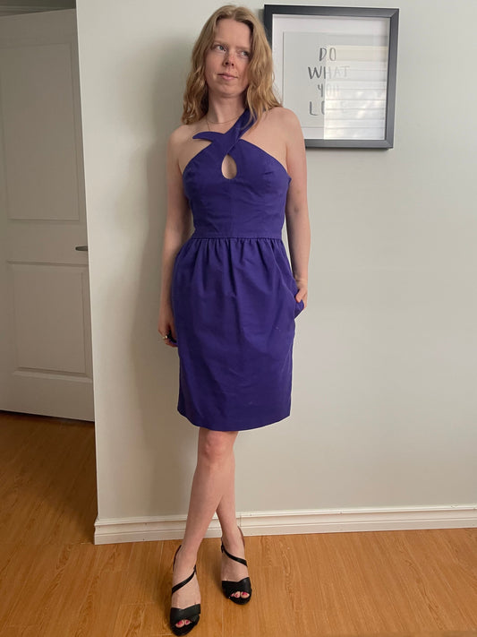 French Connection Purple Cotton Stretch One Shoulder Dress - Small