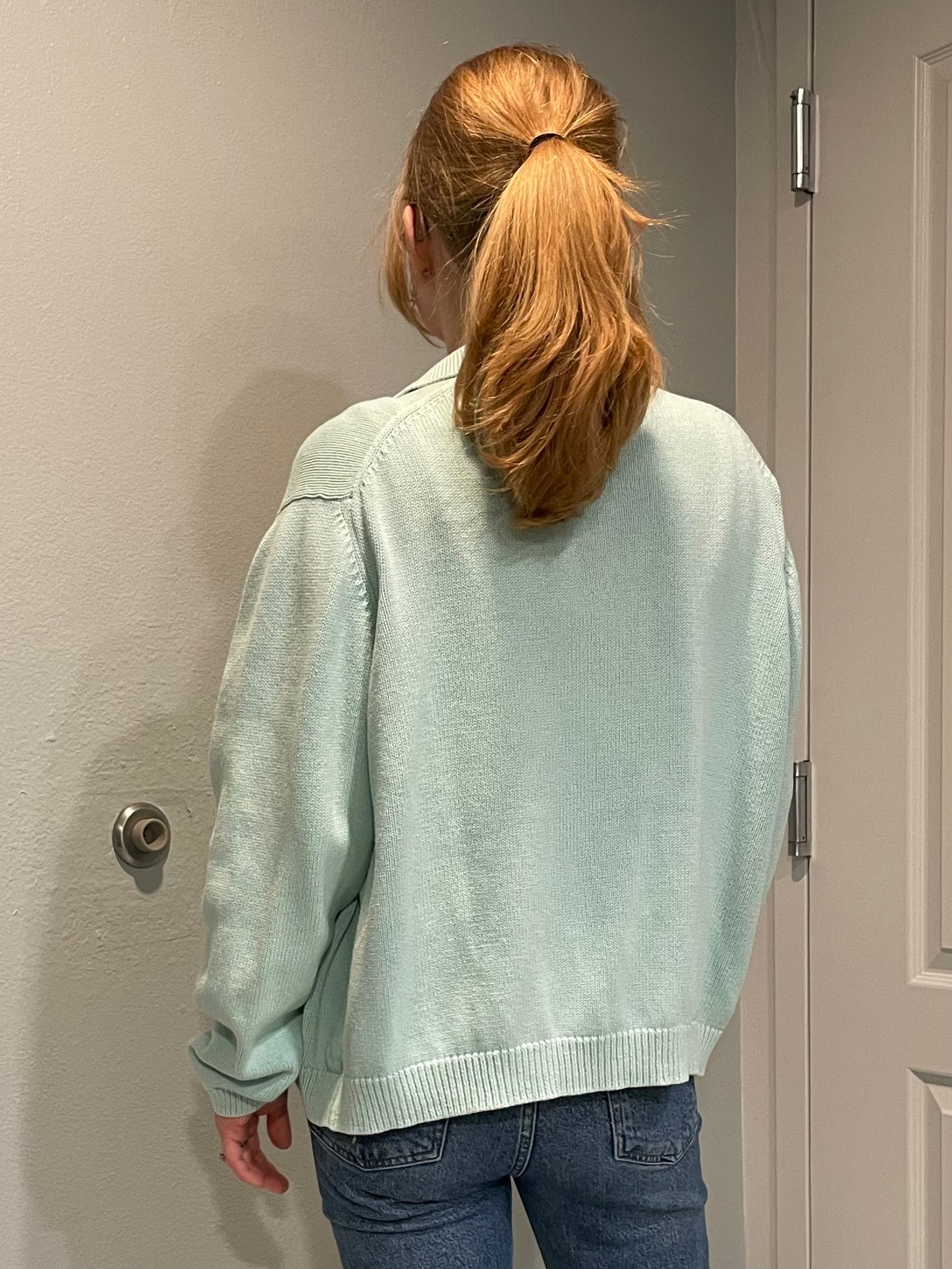 Lands’ End Mint Green Cotton Collared Cardigan – Petite Large (14–16)