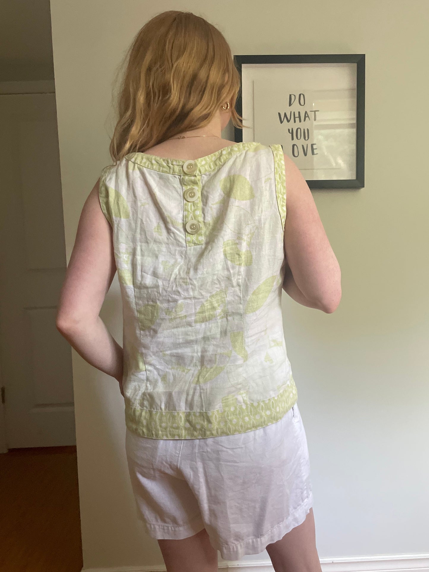 Next Woman Green & Cream Linen Floral Sleeveless Top - Medium