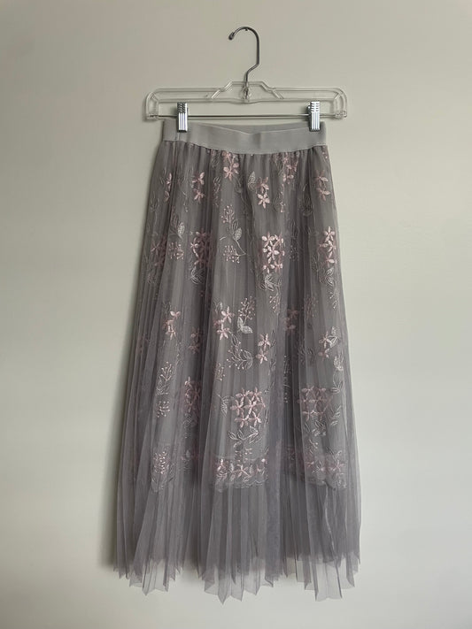 Grey Pink Floral Embroidered Tulle Midi Skirt - XXS/XS