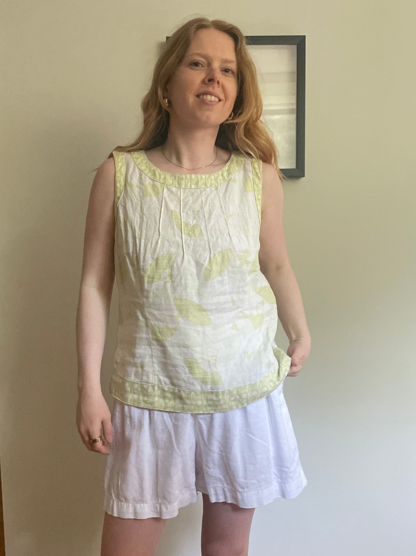 Next Woman Green & Cream Linen Floral Sleeveless Top - Medium