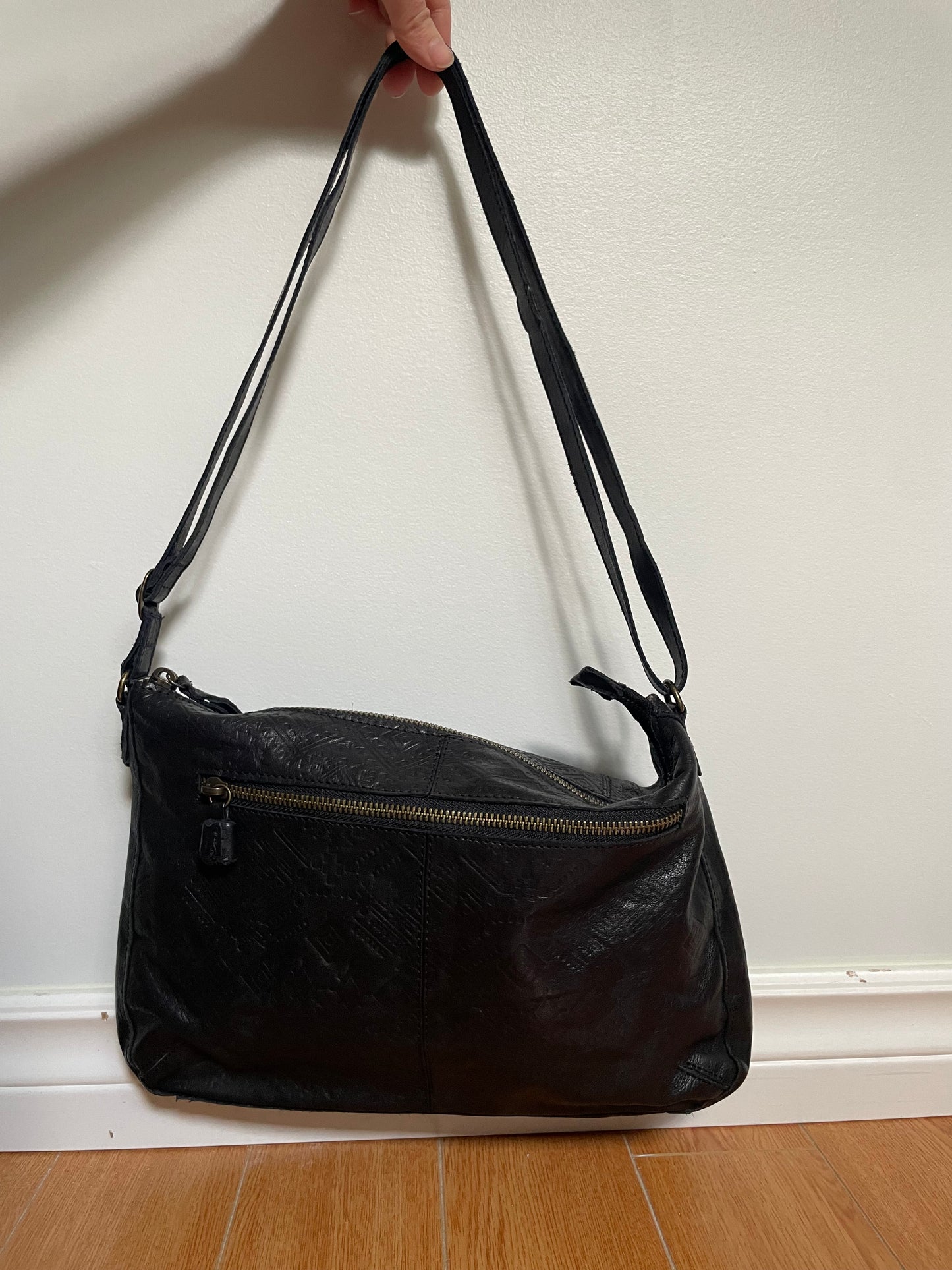 Day & Mood Black Embossed Leather Shoulder Bag