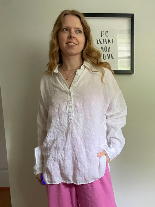 Spanner – White 100% Linen Oversized Popover Tunic Shirt - Medium